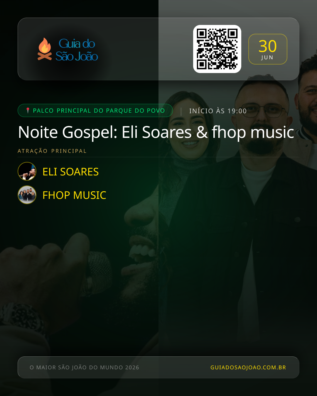 Card do evento Noite Gospel: Eli Soares & fhop music