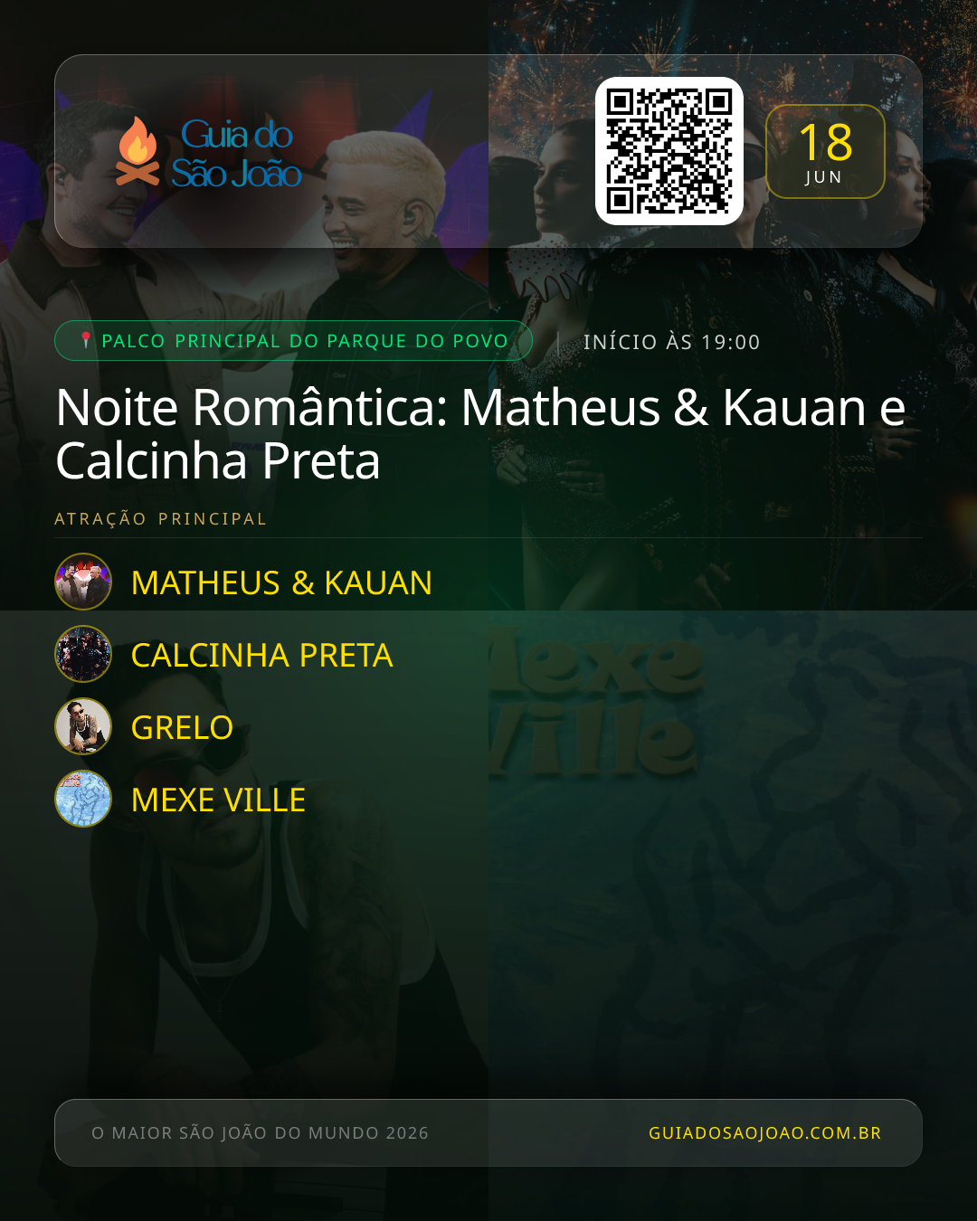 Card do evento Noite Romântica: Matheus & Kauan e Calcinha Preta